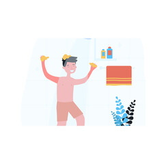 Happy boy in shorts washing hair in shower. Kid with soapy hands using shampoo in bathroom flat vector illustration. Hygiene, lifestyle concept for banner, website design