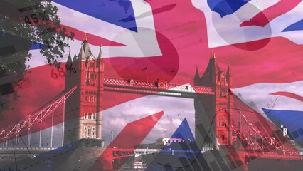Animation of data processing over flag of united kingdom and london - Powered by Adobe