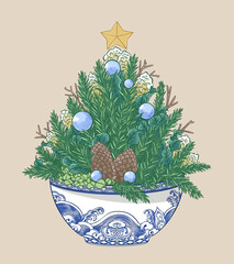 Christmas ornament, blue and white china, pine, leaves and star.