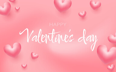 Valentines day sale pink romantic background with 3d balloon hearts. Realistic 3d design. Vector illustration. Romantic composition. Vector illustration for website, posters, ads, coupons, promotion.