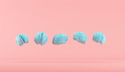 Blue color brains Floating on pink background. 3D Render. Minimal idea concept creative. - 552377153