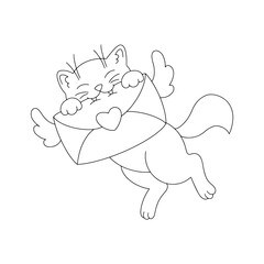 Loving cat with wings. Coloring book page for kids. Cartoon style character. Vector illustration isolated on white background.