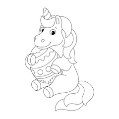 Coloring book page for kids. A cute unicorn is holding an Easter egg. Cartoon style character. Vector illustration isolated on white background.