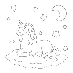 Magic unicorn. Fairy horse. Coloring book page for kids. Cartoon style character. Vector illustration isolated on white background.