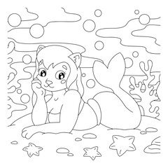 Coloring book page for kids. Cute mermaid. Cartoon style character. Vector illustration isolated on white background.