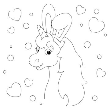 Magic unicorn head with bunny ears. Fairy horse. Coloring book page for kids. Cartoon style character. Vector illustration isolated on white background.