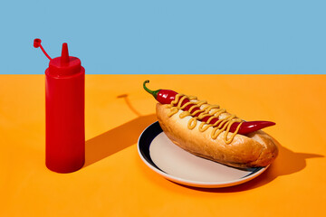 Plate with spicy chili hotdog with mustard on yellow tablecloth over blue background. Pepper instead of sausage. Food pop art photography.