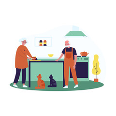 Happy grandmother cutting fish for cats in kitchen. Elderly couple with domestic animals, kitchen interior flat vector illustration. Pets, age concept for banner, website design