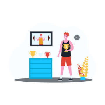 Young athlete holding golden cup and looking at trophies. Picture of boy lifting barbell on wall flat vector illustration. Achievement, sports concept for banner, website design