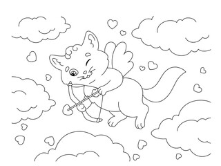 Cute angel cat. Coloring book page for kids. Cartoon style character. Vector illustration isolated on white background. Valentine's Day.