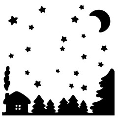Starry night, forest and house. Black silhouette. Design element. Vector illustration isolated on white background. Template for books, stickers, posters, cards, clothes.