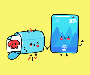 Cute, funny angry smartphone and mailbox with scull sign. Vector hand drawn cartoon kawaii characters, illustration icon. Funny cartoon smartphone and message mascot character concept