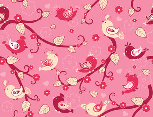 Valentines Day Paisley Birds Pattern. Whimsical vector illustration. Stylized pink and yellow love birds fluttering branches and flowers. Pattern is vector and repeats seamlessly. 