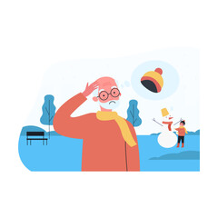 Elderly man freezing without hat in winter street. Flat vector illustration. Old man standing outdoors, remembering hat, boy making snowman in background. Winter, trouble concept