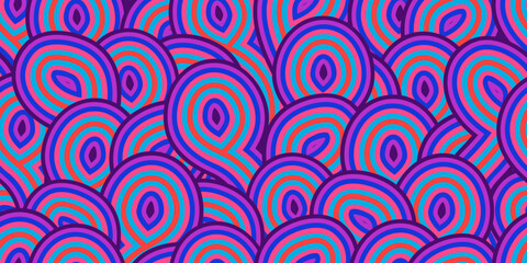 Abstract purple trippy psychedelic seamless pattern in 70s hippie style. Colorful vector retro weird background. Crazy psychodelic illustration. Hallucination wallpaper. Vintage party graphic