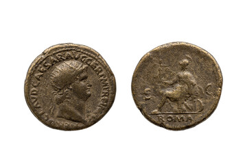 Roman Dupondius Replica Coin of  Roman Emperor Nero 37-68 AD  portrait obverse  and City of Rome in...