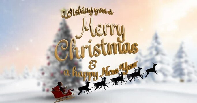 Animation of christmas and new year greetings text over santa claus and christmas tree