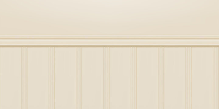Beige beadboard or wainscot with top chair guard trim seamless pattern on ecru wall. Wood or gypsum embossed baseboard or skirting under vintage wall panels. Vector illustration