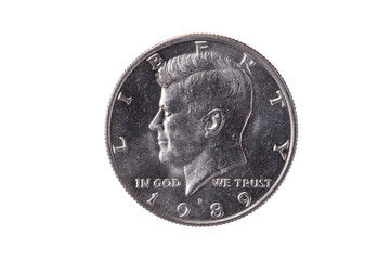 USA half dollar nickel coin (50 cents) dated 1989 with a portrait image of President John Kennedy,...