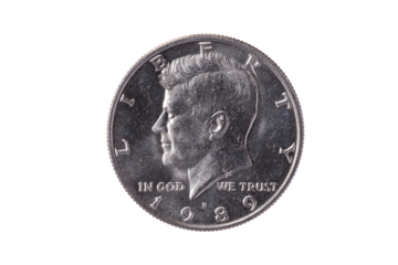 USA half dollar nickel coin (50 cents) dated 1989 with a portrait image of President John Kennedy, png stock photo file cut out and isolated on a transparent background