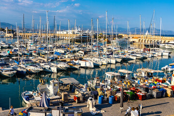 Panoramic view of Vauban port and yacht marina with medieval Bastion Saint Jaume walls onshore Azure Cost of Mediterranean Sea in Antibes resort town in France