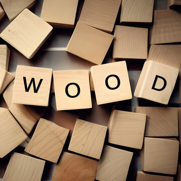 Wooden cubes on floor tiles with letters saying wood. Timber industry creative illustration.