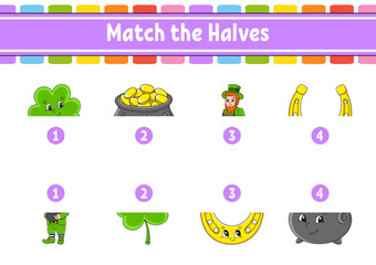Match the halves. Education developing worksheet. Matching game for kids. Color activity page. Riddle for children. Cute character. Vector illustration.