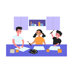 Cartoon group of children drawing together. Flat vector illustration. Kids having fun, using colourings, pieces of paper and brushes. Art, hobby, creative work, friendship concept