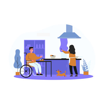 Wife Cooking For Her Husband With Disability. Cartoon Vector Illustration. Woman Cooking Dinner For Smiling Man Sitting In Wheelchair And Happy Dog In Kitchen. Family, Disability Concept