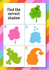 Find the correct shadow. Education developing worksheet for kids. Puzzle game. Activity page. cartoon character. Vector illustration. St. Patrick's day.