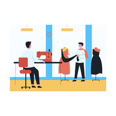 Tailor making dresses using sewing machine. Designer or customer looking at clothes on mannequins flat vector illustration. Fashion, clothing concept for banner, website design