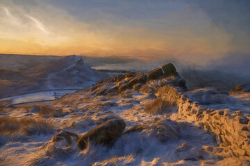 Digital oil painting of a winter sunrise cloud inversion, and snow at The Roaches, Staffordshire