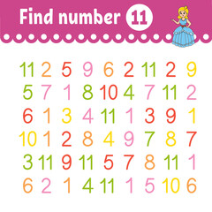 Find number. Education developing worksheet. Activity page with pictures. Game for children. Funny character. cartoon style. Vector illustration.