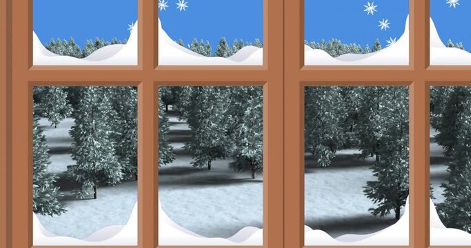 Animation of christmas winter scenery and snow falling seen through window