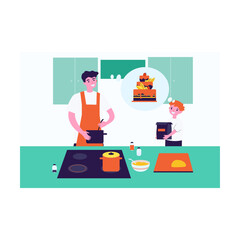 Father and son making big cake flat vector illustration. Happy kid helping dad, holding flour packaging. Man in apron mixing ingredients in bowl. Cooking, family concept