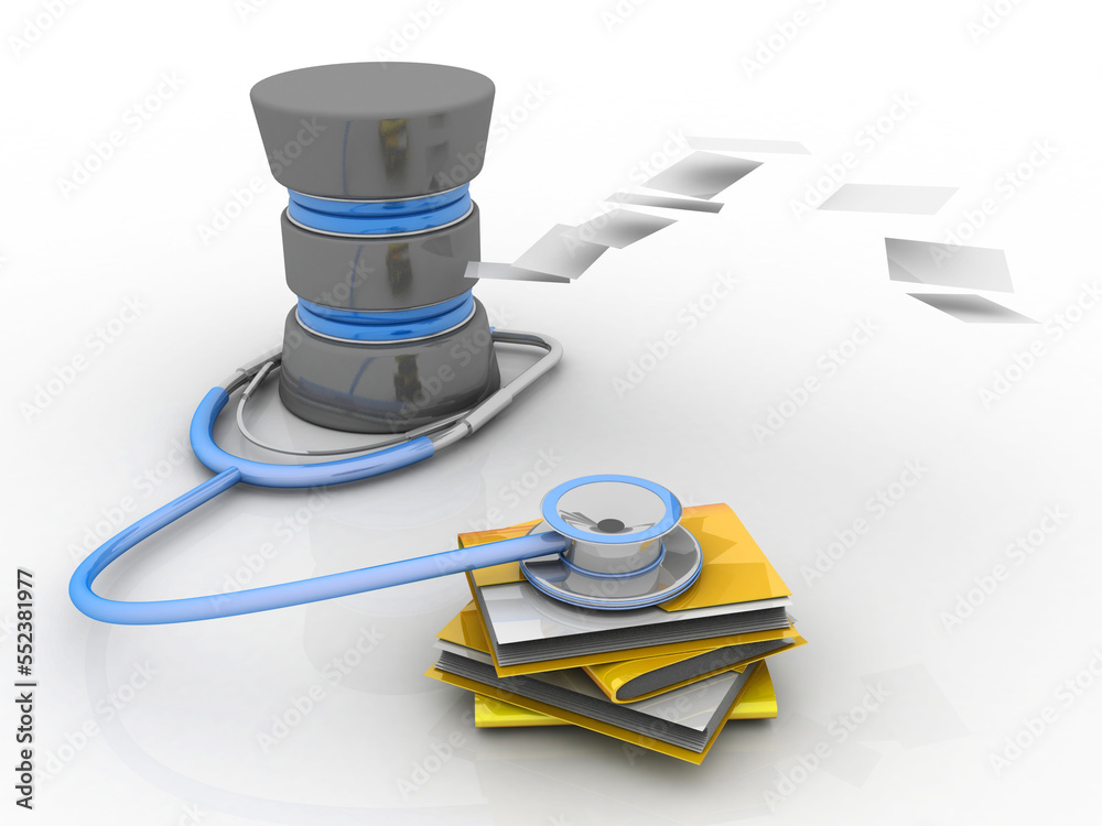 Poster 3d rendering folder connected to database connected stethoscope