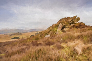 Digital painting of bleak winter panoramic view of Baldstone, and Gib Torr in the Peak District National Park.