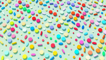 Pills Tablets Medication Multi Colour Large Flat Lay Pharmaceutical Healthcare Pattern Wellness Banner Background 3d illustration render
