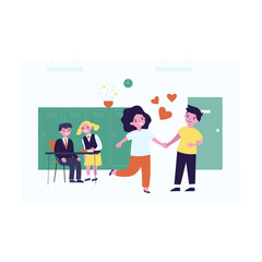 School boy and girl in love. Flat vector illustration. Happy little kids holding hands in classroom while their classmates whispering behind their backs. First school love
