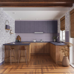 Farmhouse kitchen in white and violet tones. Wooden cabinets, island with stools, parquet floor. Modern interior design