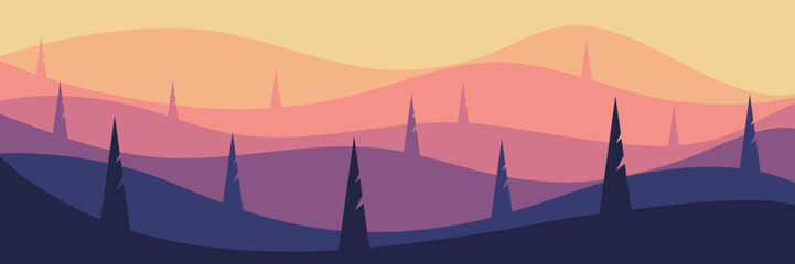 sunrise silhouette flat design vector banner template good for web banner, ads banner, tourism banner, wallpaper, background template, and adventure design backdrop