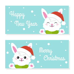 Gift color greeting card. Rabbit symbol in a santa hat. Cute cartoon character. Happy New Year and Merry Christmas. Flat style. Vector illustration.