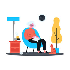 Red-haired cat watching how grandmother knitting. Flat vector illustration. Elderly woman resting in armchair and knitting clothes from yarn at home. Comfort, pet, knitting