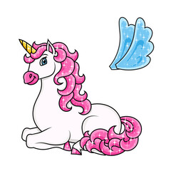 Cute unicorn with wings. Magic fairy horse. Cartoon character. Colorful vector illustration. Isolated on white background. Design element. Template for your design, books, stickers, cards.