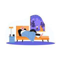 Obraz premium Cartoon old man with fever lying in bed. Flat vector illustration. Male person drinking medicine, taking his temperature and staying in bed. Illness, health, recovering concept