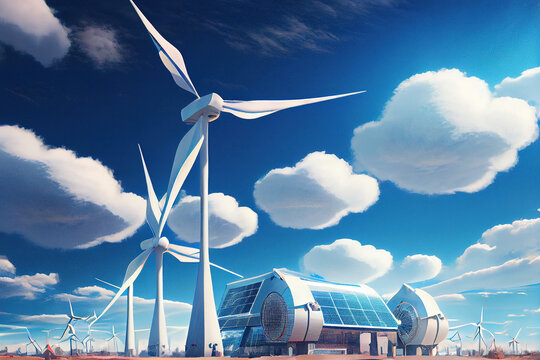 Digital art, painting of wind turbines and solar panels