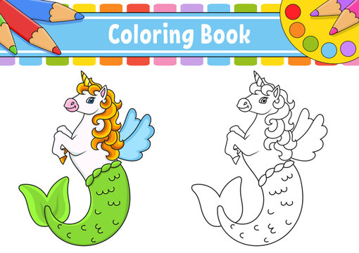 Coloring book for kids. Cute mermaid unicorn. cartoon character. Vector illustration. Black contour. Isolated on white background.
