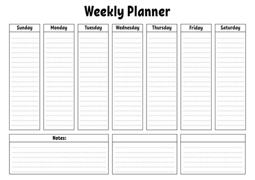 Weekly planner. Blank minimalistic printable template. Vector illustration.