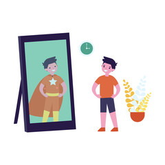 Smiling boy looking in mirror and seeing superhero. Kid standing in front of mirror, child in superhero costume flat vector illustration. Childhood, imagination concept for banner