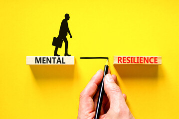 Mental resilience symbol. Concept word Mental resilience typed on wooden blocks. Beautiful yellow table yellow background. Doctor hand. Business psychological and mental resilience concept. Copy space